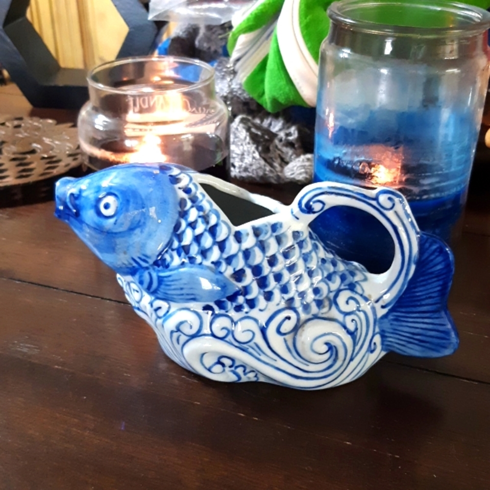 Fish Blue and white Porcelain Ceramic Tea pot or milk server Asian decor kitchen